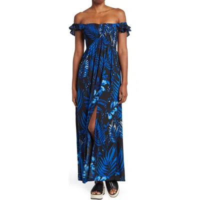 Boho Me Smocked Off-the-shoulder Maxi Swim Cover-up In Navy/black