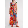 Boho Me Smocked Off-the-shoulder Maxi Swim Cover-up In Red Abstract