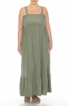 Boho Me Smocked Tiered Cotton Maxi Sundress In Olive