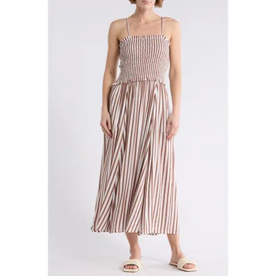 Boho Me Stripe Smocked Cover-up Midi Dress In Brown