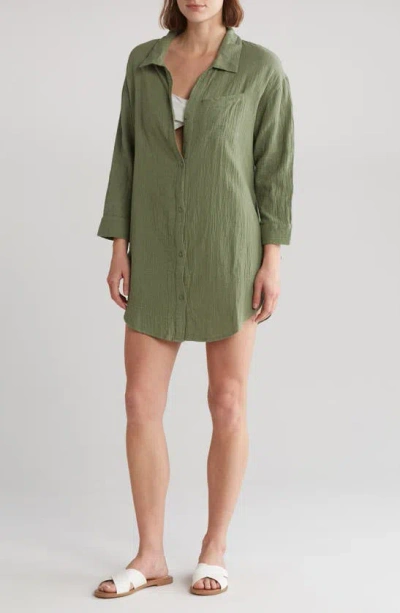 Boho Me Three Quarter Sleeve Cotton Gauze Button-up Shirt In Olive