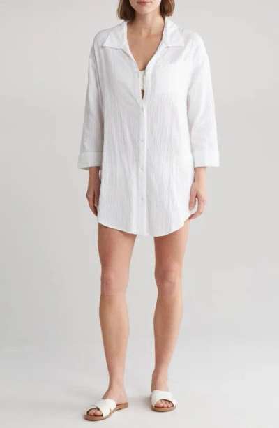 Boho Me Three Quarter Sleeve Cotton Gauze Button-up Shirt In White