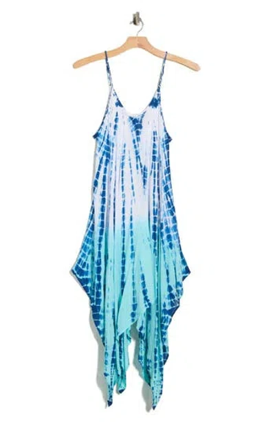 Boho Me Tie Dye Print Handkerchief Hem Maxi Dress In White/aqua