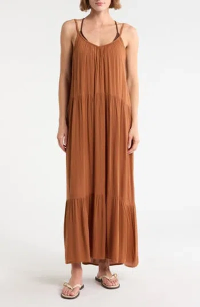 Boho Me Tiered Gauze Cover-up Midi Dress In Brown