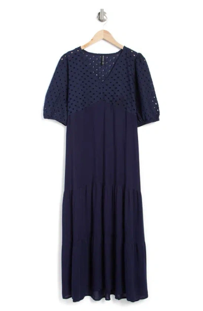 Boho Me Tiered Short Sleeve Maxi Dress In Navy