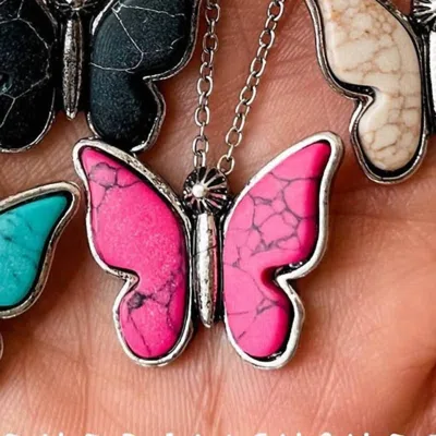 Boho Ranch Butterfly Stone Pendant Choker Necklace In Silver/fuchsia In Gray