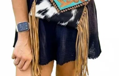 Boho Ranch Women's Cassie Western Tooled Cowhide Fringe Crossbody In Turquoise In Blue