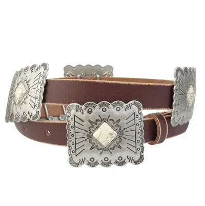 Boho Ranch Women's Distressed Leather Concho With Stone Belt In White