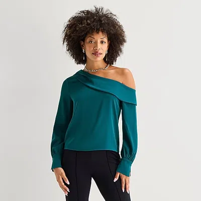 Bold Elements Womens Asymmetrical Neck Long Sleeve Satin Blouse In Blue
