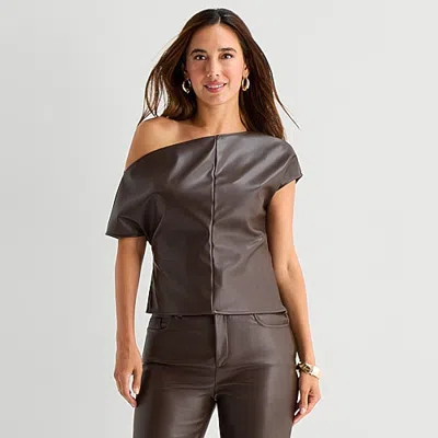 Bold Elements Womens Asymmetrical Neck Off Shoulder Top In Brown