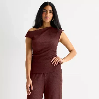 Bold Elements Womens Asymmetrical Neck Short Sleeve Blouse In Burgundy