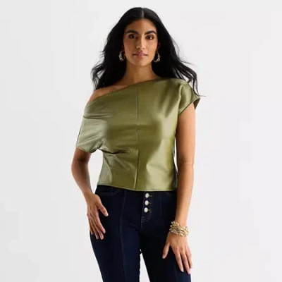 Bold Elements Womens Asymmetrical Neck Short Sleeve Blouse In Green