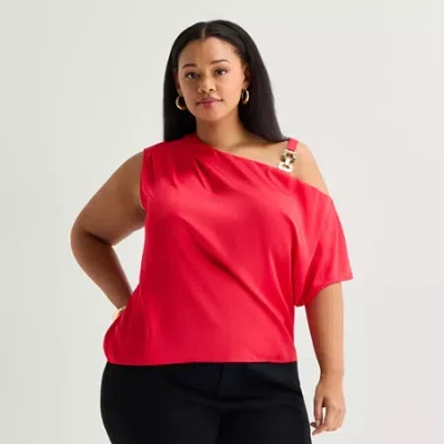 Bold Elements Womens Plus Asymmetrical Neck Short Sleeve Satin Blouse In Red
