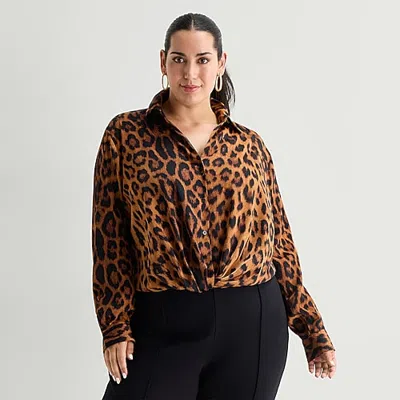 Bold Elements Womens Plus Long Sleeve Satin Blouse In Brown