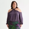 Bold Elements Womens Plus Mock Neck Long Sleeve Satin Blouse In Purple
