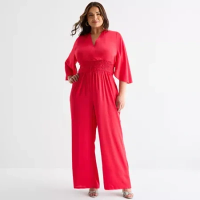 Bold Elements Womens V Neck Elbow Sleeve Satin Plus Jumpsuit In Red