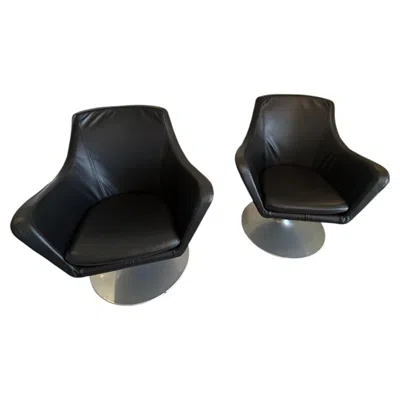 Pre-owned Bolia Cool Vintage Danish  Black Leather Swivel Club Chairs