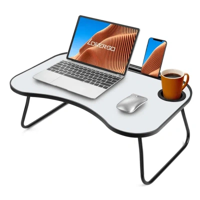 Boltn Portable Laptop Desk, Gray And White Matte Metal And Wood Construction, Foldable Design With Cup Hol
