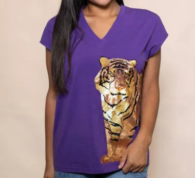 Bomb Game Day Wrap-around Sequin Tiger V-neck Tee In Purple