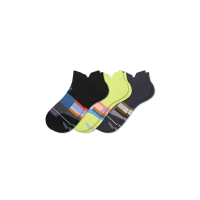 Bombas Merino Wool Blend Athletic Ankle Sock 3-pack In Black Chartreuse Mix