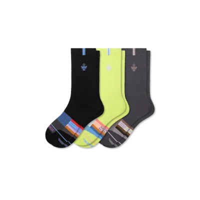 Bombas Merino Wool Blend Athletic Calf Sock 3-pack In Black Chartreuse Mix