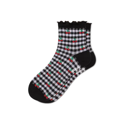 Bombas Ruffle Rib Quarter Socks In Cherry Gingham