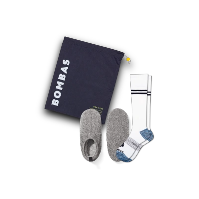 Bombas Travel Compression Sock And Gripper Slipper In White Heather