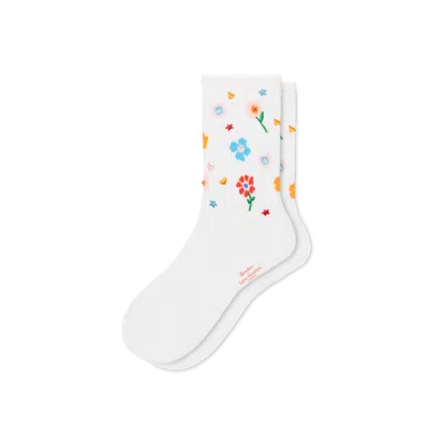 Bombas X Susan Alexandra Floral Embroidered Half Calf Socks In White