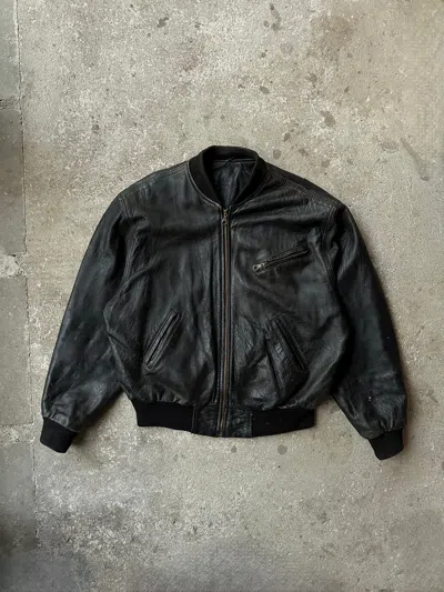 Pre-owned Bomber Jacket X Leather Jacket Vintage Distressed Real Leather Bomber Jacket In Black