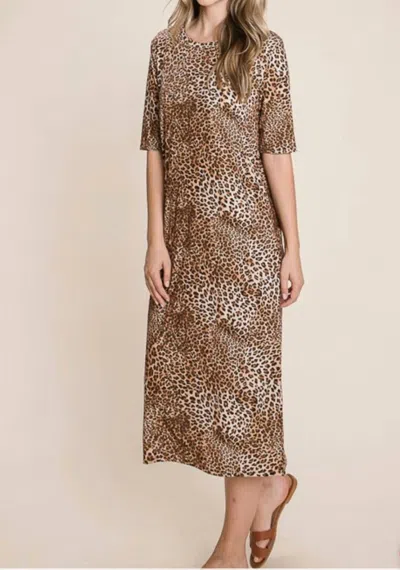 Bombom Fall Short Sleeve Animal Print Dress In Camel/black In Multi
