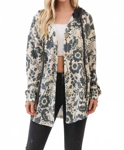 Bombom Floral Ribbed Knit Hoodie Shacket In Gray, Cream In Multi