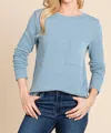 Bombom Long Sleeve Ribbed Front Pocket Top In Light Blue In Blue
