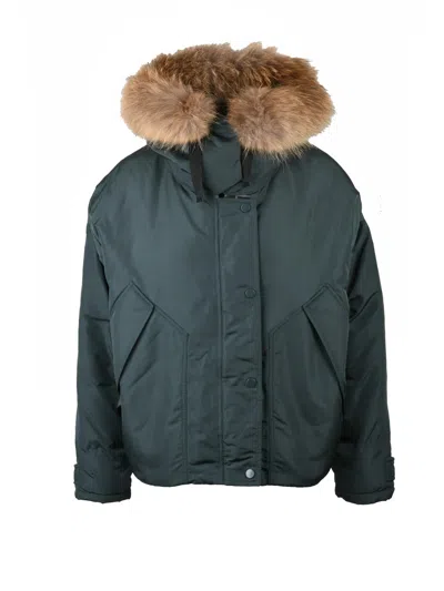 Bomboogie Bomber Coat With Removable Fur Trim In Green