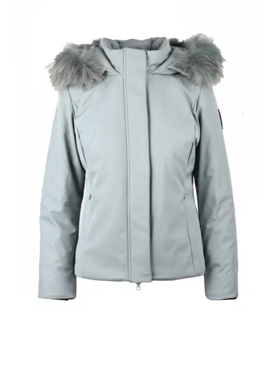 Bomboogie Fitted Sage Green Jacket With Removable Fur Trim In Grey