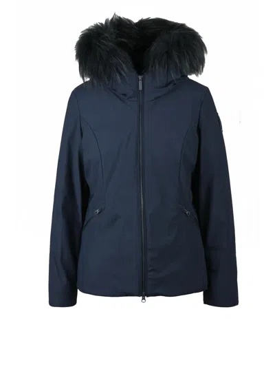 Bomboogie Fitted Short Blue Coat With Removable Fur Trim In Black