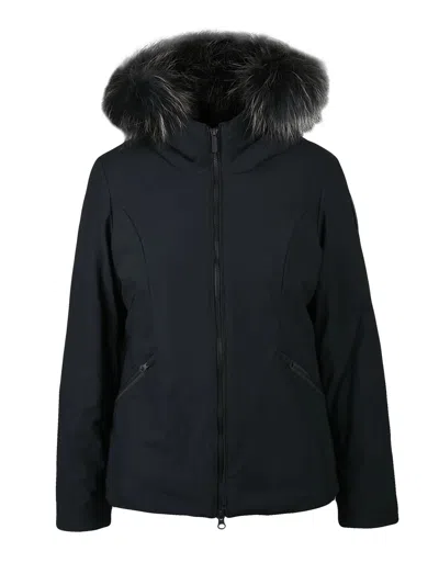 Bomboogie Fitted Stretch Coat With Removable Fur Trim In Black
