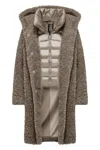 Bomboogie Hooded Calf-length Coat In Plush Faux Lambskin Fur In Brown