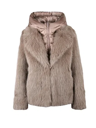 Bomboogie Taupe Quilted Short Polyester Faux Fur Jacket In Grey