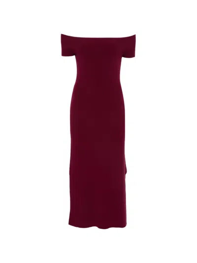 Bompard Bardot Flared Knitted Midi Dress In Red