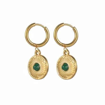 Bon Bon Fistral Gold Coin Green Stone Hoop Earrings