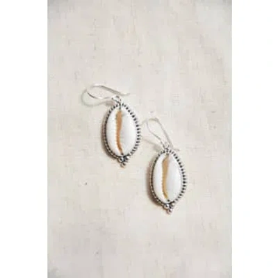 Bon Bon Fistral Silver Rope Cowrie Earrings In White