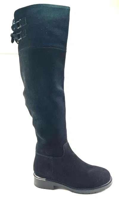 Pre-owned Bonavi 1017h09 Black Suede Leather Over The Knee Block Heel Winter Boot