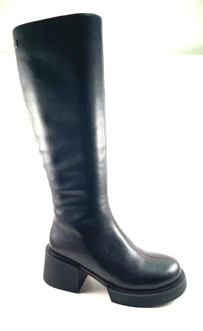 Pre-owned Bonavi 22w18-29 Black Leather Knee High Platform Winter Boot