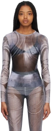 Bonbom Long Sleeve Knight Armor Print Mesh Top In Grey Print