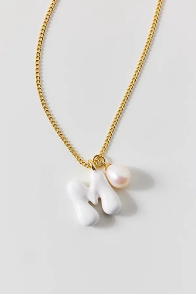 Bonbonwhims Puffy Enamel Initial Pearl Necklace, Women's At Urban Outfitters In Gold