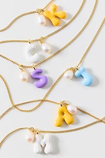 Bonbonwhims Puffy Enamel Initial Pearl Necklace, Women's At Urban Outfitters In Gold
