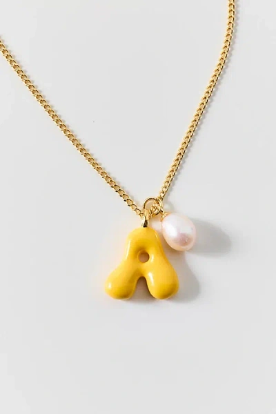 Bonbonwhims Puffy Enamel Initial Pearl Necklace, Women's At Urban Outfitters In Gold