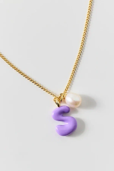 Bonbonwhims Puffy Enamel Initial Pearl Necklace, Women's At Urban Outfitters In Gold