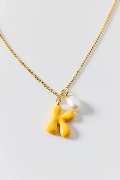 Bonbonwhims Puffy Enamel Initial Pearl Necklace, Women's At Urban Outfitters In Orange