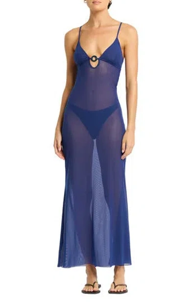 Bondeye Bond-eye Cindy Ring Detail Sheer Mesh Cover-up Maxi Dress In Blue